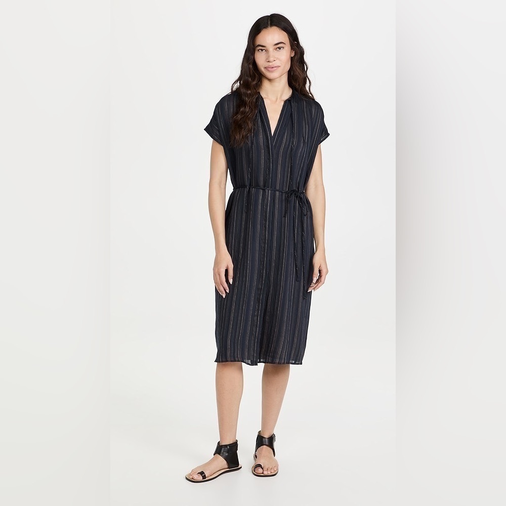 Vince Short Sleeve Drapey Stripe Shirred Dress